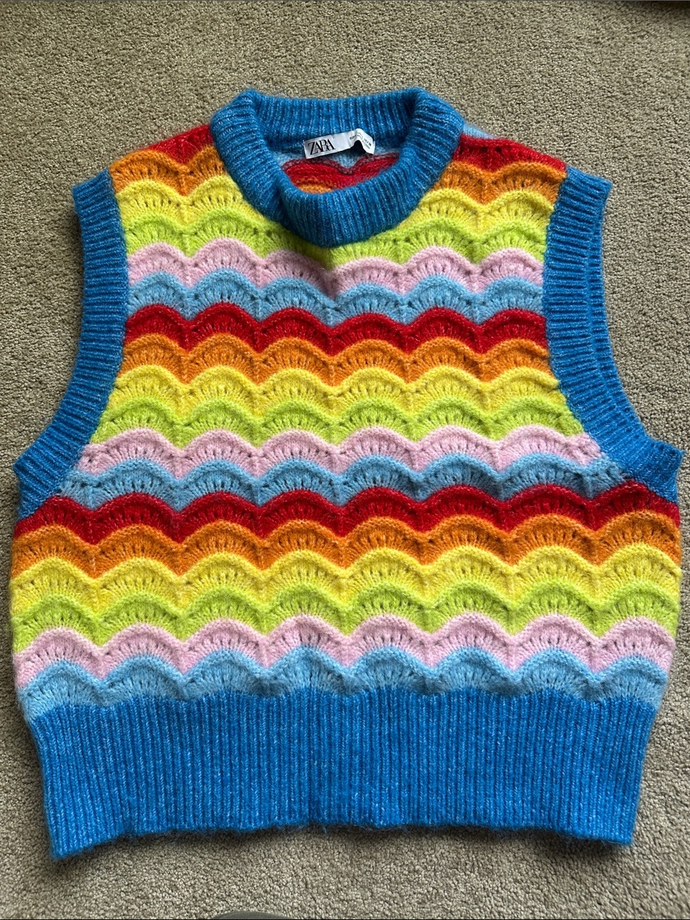 Zara Multicolor Wave Knit Sleeveless Vest with Blue Trim
